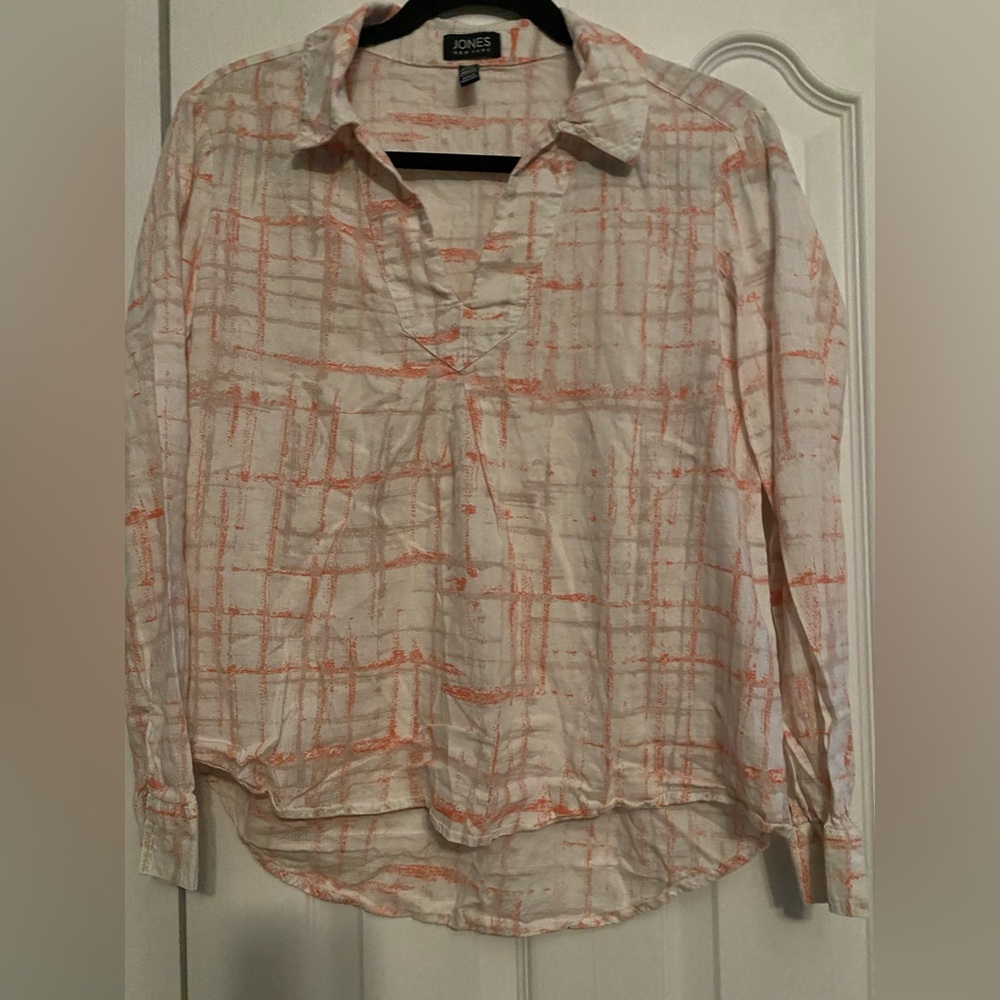 Jones New York White and Orange Checkered Blouse Linen blend